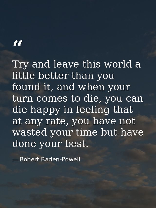 Try and leave this world a little better than you found it, and when your turn comes to die, you can die happy in feelin — Robert Baden-Powell