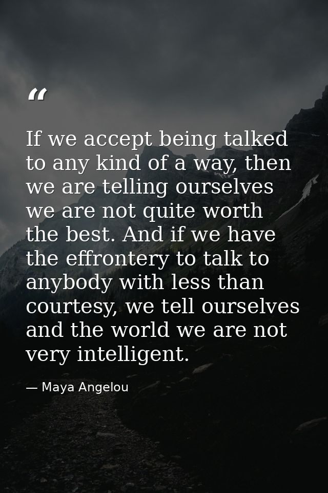 If we accept being talked to any kind of a way, then we are telling ourselves we are not quite worth the best. And if we — Maya Angelou