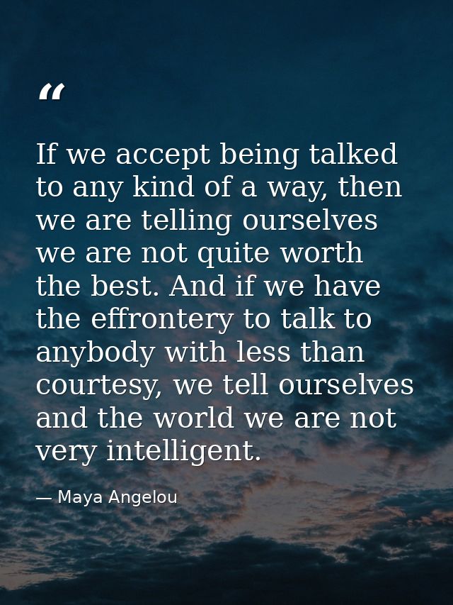If we accept being talked to any kind of a way, then we are telling ourselves we are not quite worth the best. And if we — Maya Angelou