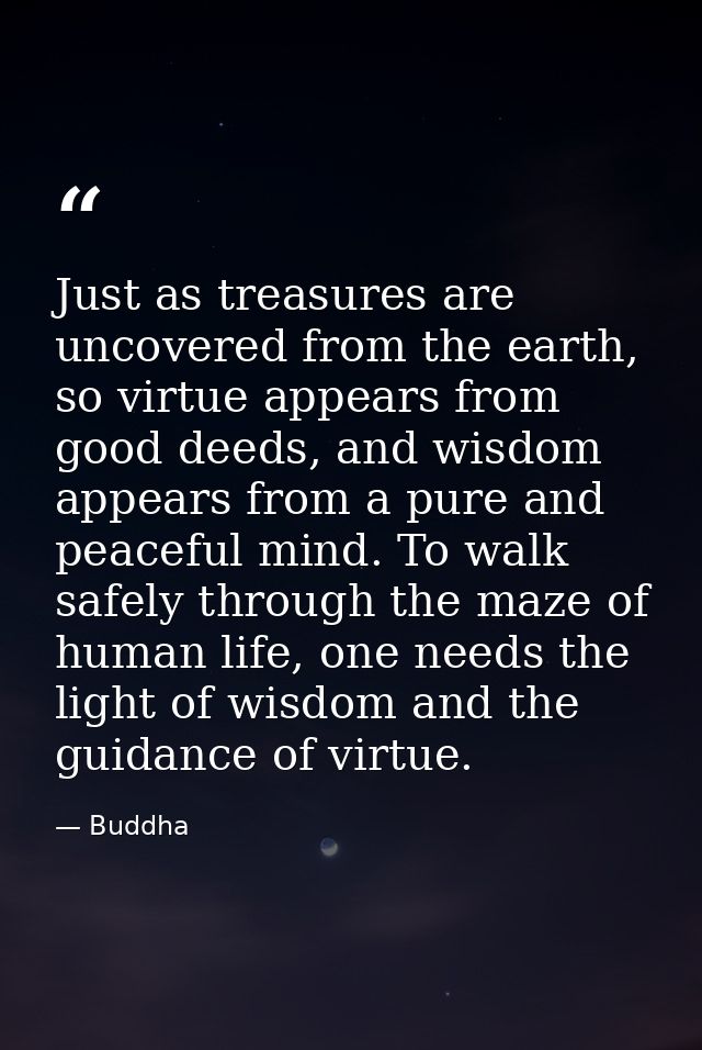 Just as treasures are uncovered from the earth, so virtue appears from good deeds, and wisdom appears from a pure and pe — Buddha