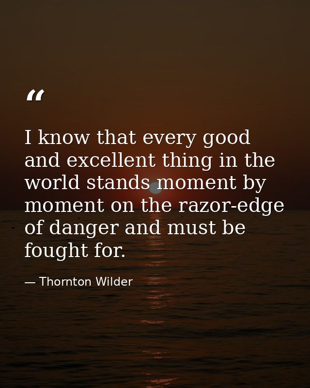 I know that every good and excellent thing in the world stands moment by moment on the razor-edge of danger and must be  — Thornton Wilder