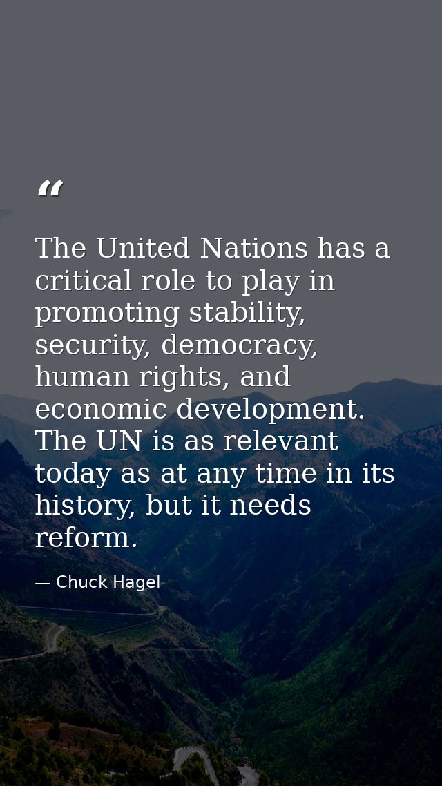 The United Nations has a critical role to play in promoting stability, security, democracy, human rights, and economic d — Chuck Hagel