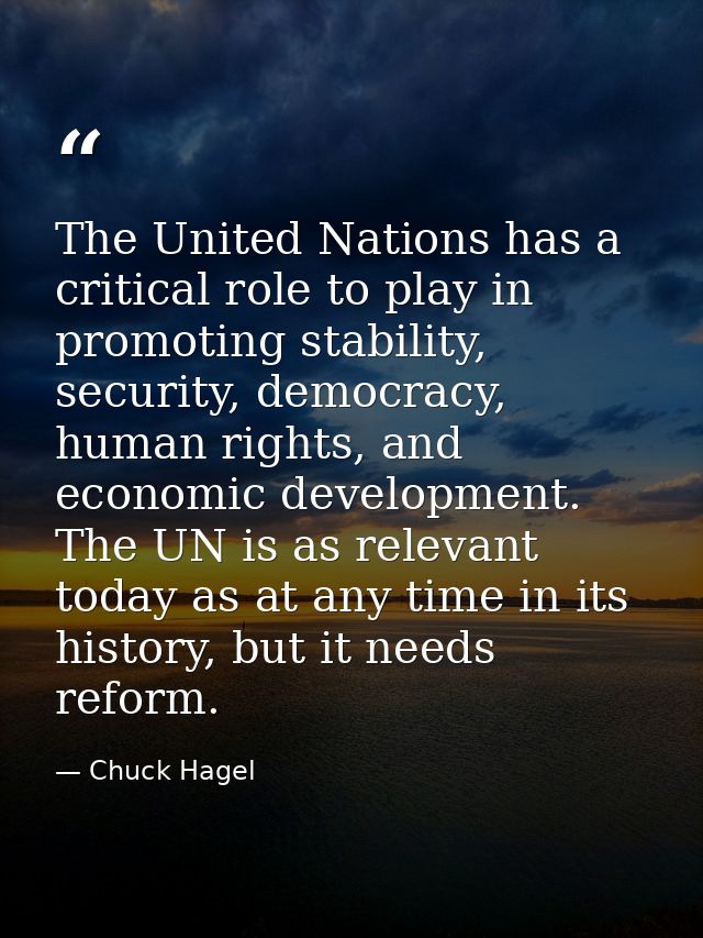 The United Nations has a critical role to play in promoting stability, security, democracy, human rights, and economic d — Chuck Hagel