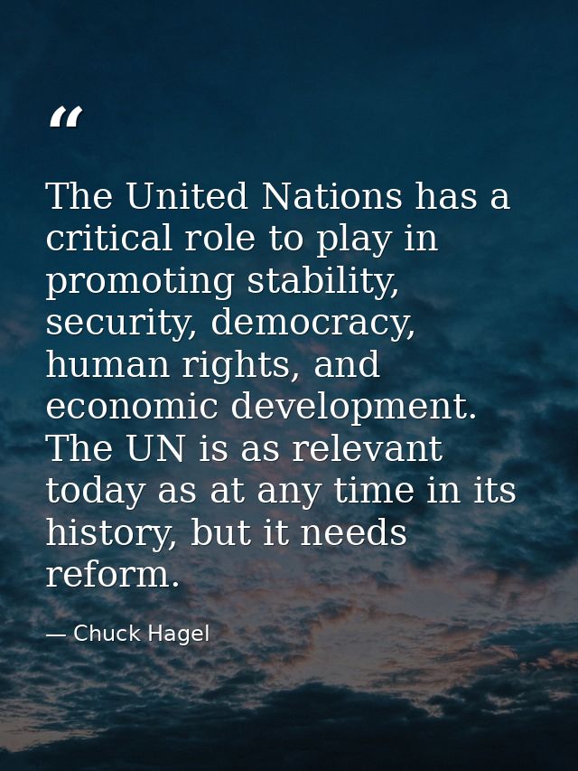 The United Nations has a critical role to play in promoting stability, security, democracy, human rights, and economic d — Chuck Hagel