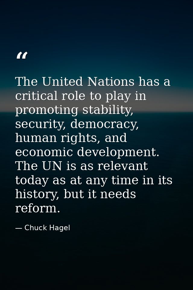 The United Nations has a critical role to play in promoting stability, security, democracy, human rights, and economic d — Chuck Hagel