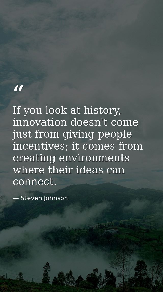 If you look at history, innovation doesn't come just from giving people incentives; it comes from creating environments  — Steven Johnson