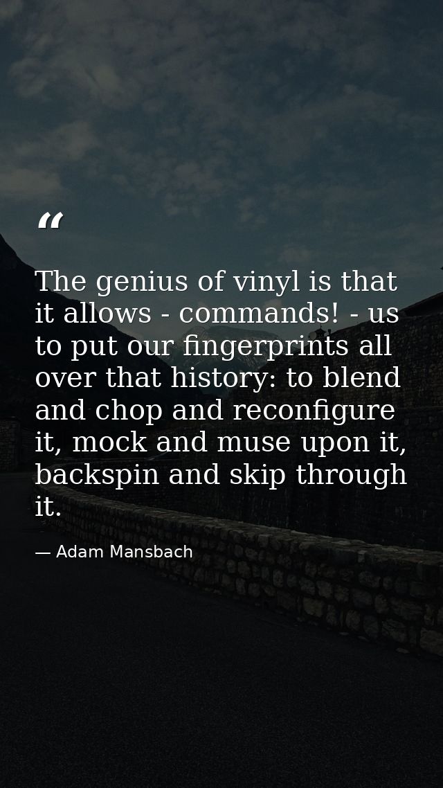 The genius of vinyl is that it allows - commands! - us to put our fingerprints all over that history: to blend and chop  — Adam Mansbach