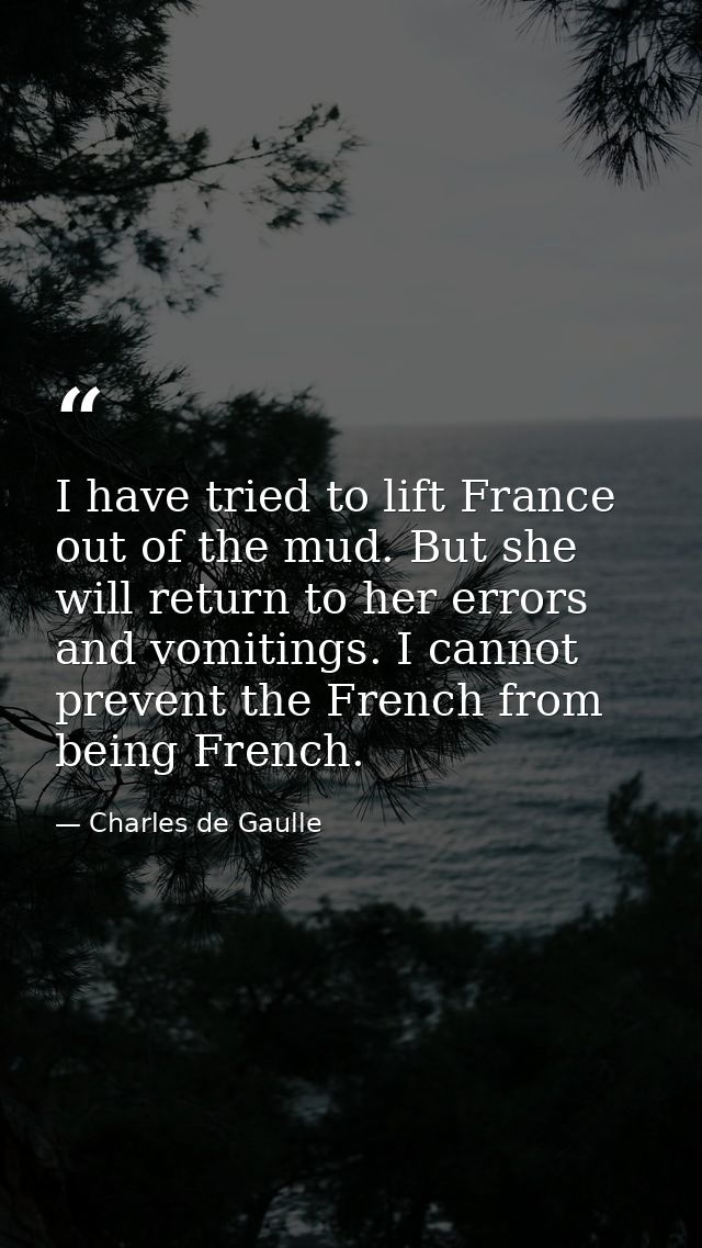 I have tried to lift France out of the mud. But she will return to her errors and vomitings. I cannot prevent the French — Charles de Gaulle