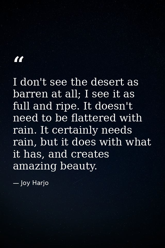 I don't see the desert as barren at all; I see it as full and ripe. It doesn't need to be flattered with rain. It certai — Joy Harjo