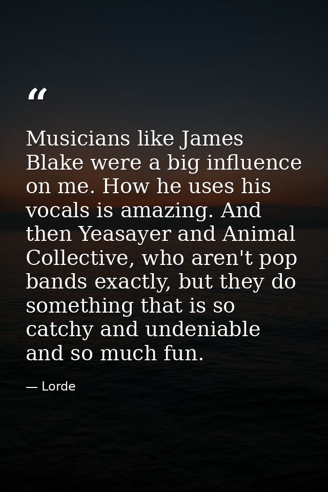 Musicians like James Blake were a big influence on me. How he uses his vocals is amazing. And then Yeasayer and Animal C — Lorde