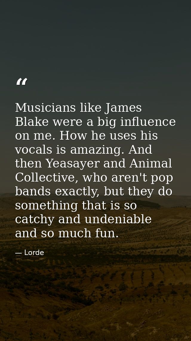 Musicians like James Blake were a big influence on me. How he uses his vocals is amazing. And then Yeasayer and Animal C — Lorde