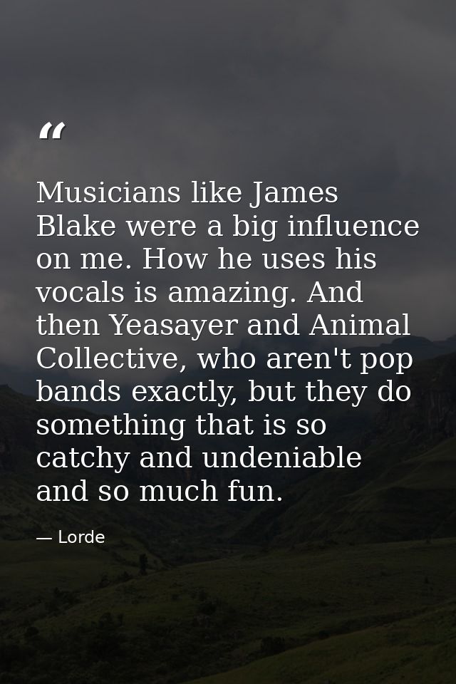 Musicians like James Blake were a big influence on me. How he uses his vocals is amazing. And then Yeasayer and Animal C — Lorde