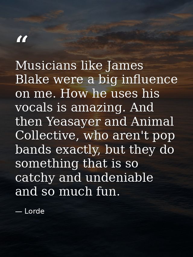 Musicians like James Blake were a big influence on me. How he uses his vocals is amazing. And then Yeasayer and Animal C — Lorde