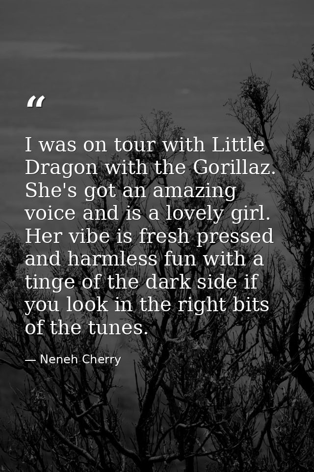 I was on tour with Little Dragon with the Gorillaz. She's got an amazing voice and is a lovely girl. Her vibe is fresh p — Neneh Cherry