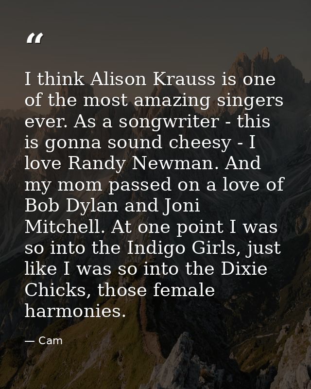 I think Alison Krauss is one of the most amazing singers ever. As a songwriter - this is gonna sound cheesy - I love Ran — Cam