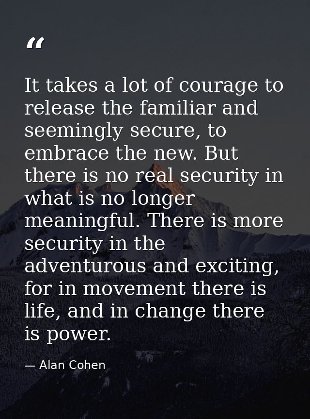 It takes a lot of courage to release the familiar and seemingly secure, to embrace the new. But there is no real securit — Alan Cohen