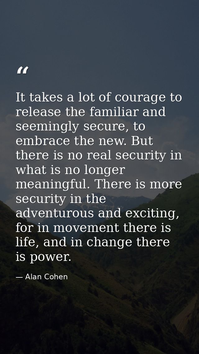 It takes a lot of courage to release the familiar and seemingly secure, to embrace the new. But there is no real securit — Alan Cohen