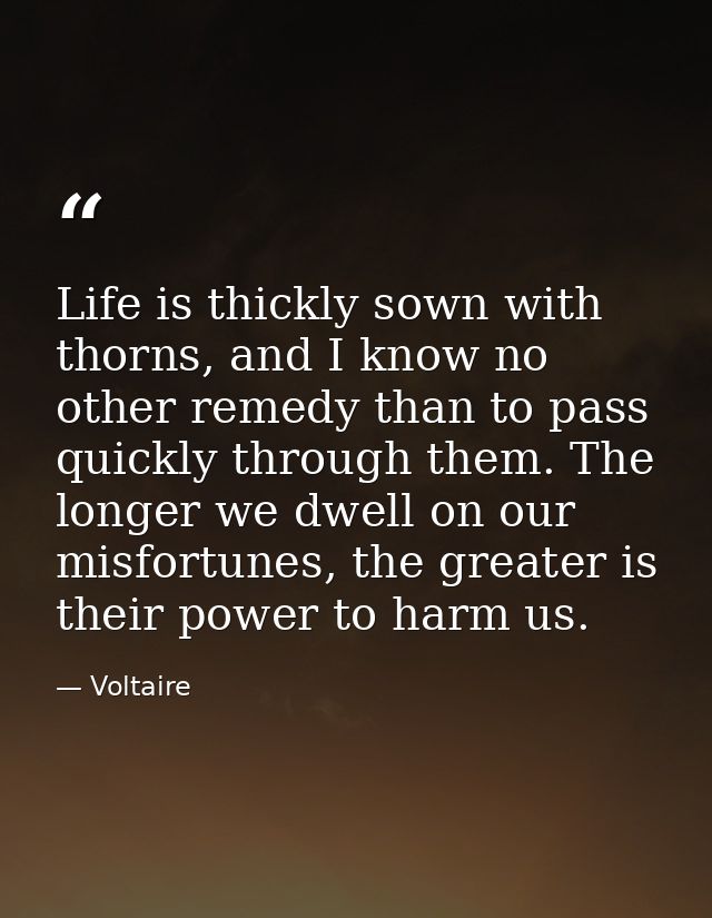 Life is thickly sown with thorns, and I know no other remedy than to pass quickly through them. The longer we dwell on o — Voltaire