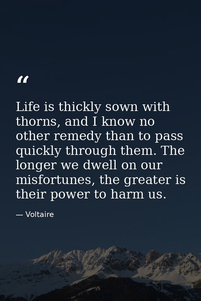 Life is thickly sown with thorns, and I know no other remedy than to pass quickly through them. The longer we dwell on o — Voltaire
