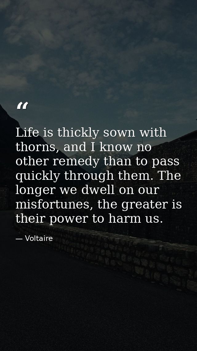 Life is thickly sown with thorns, and I know no other remedy than to pass quickly through them. The longer we dwell on o — Voltaire