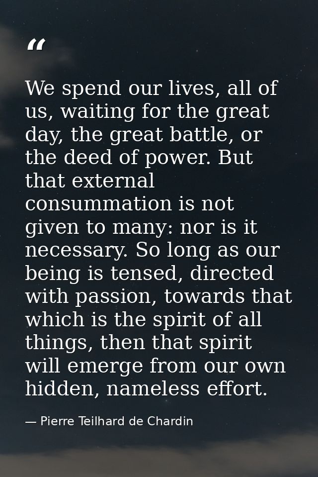 We spend our lives, all of us, waiting for the great day, the great battle, or the deed of power. But that external cons — Pierre Teilhard de Chardin