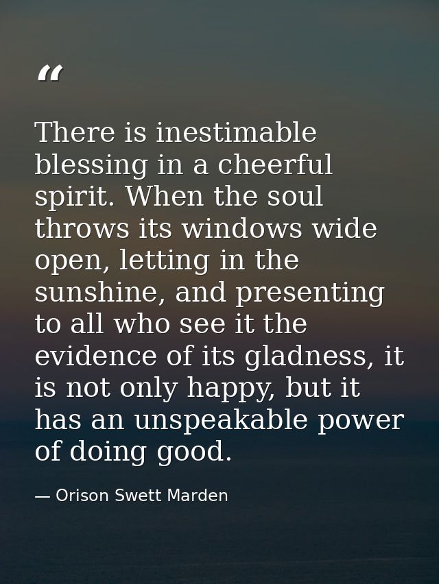 There is inestimable blessing in a cheerful spirit. When the soul throws its windows wide open, letting in the sunshine, — Orison Swett Marden