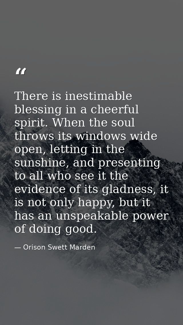 There is inestimable blessing in a cheerful spirit. When the soul throws its windows wide open, letting in the sunshine, — Orison Swett Marden