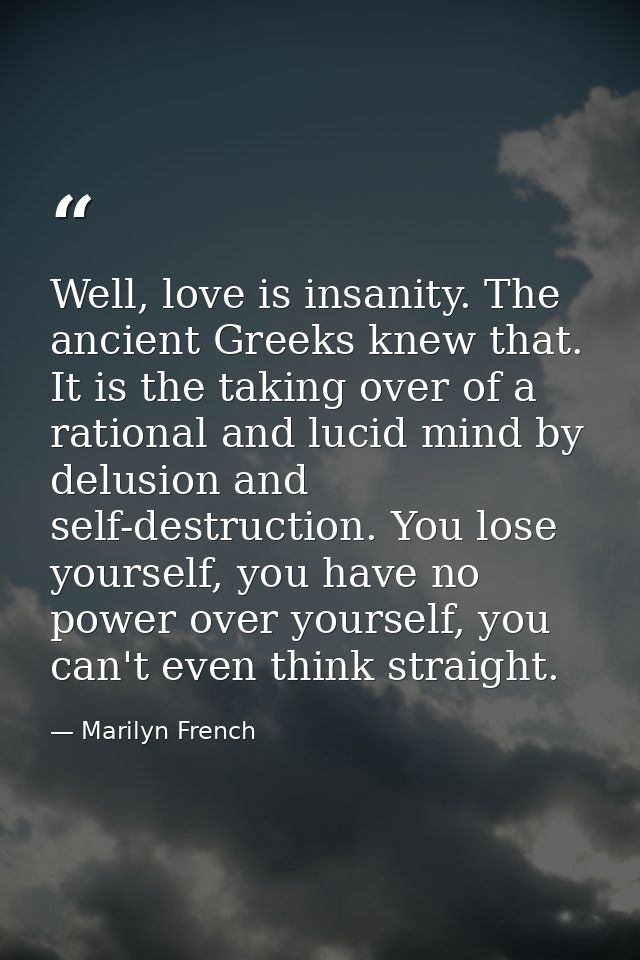 Well, love is insanity. The ancient Greeks knew that. It is the taking over of a rational and lucid mind by delusion and — Marilyn French