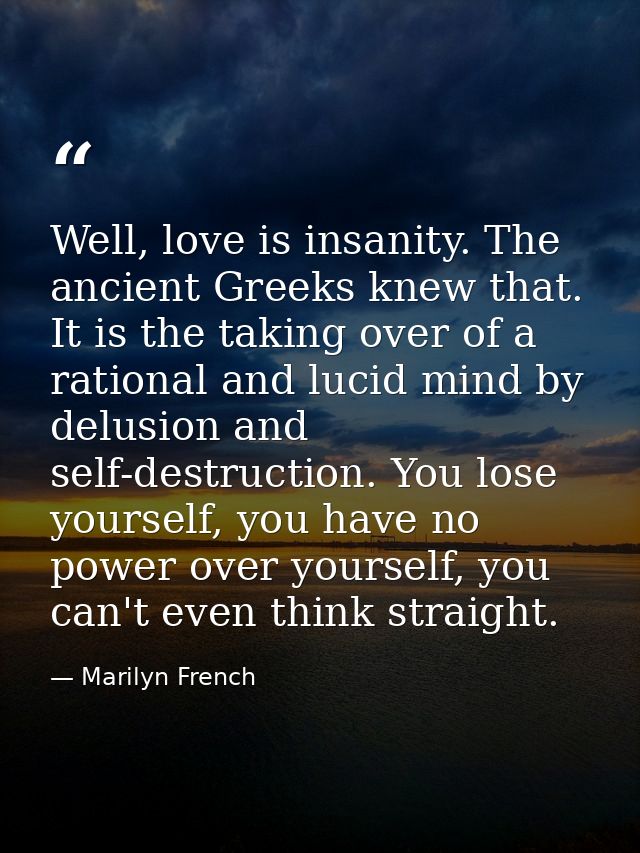 Well, love is insanity. The ancient Greeks knew that. It is the taking over of a rational and lucid mind by delusion and — Marilyn French