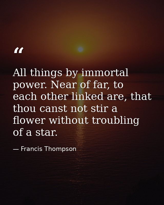 All things by immortal power. Near of far, to each other linked are, that thou canst not stir a flower without troubling — Francis Thompson