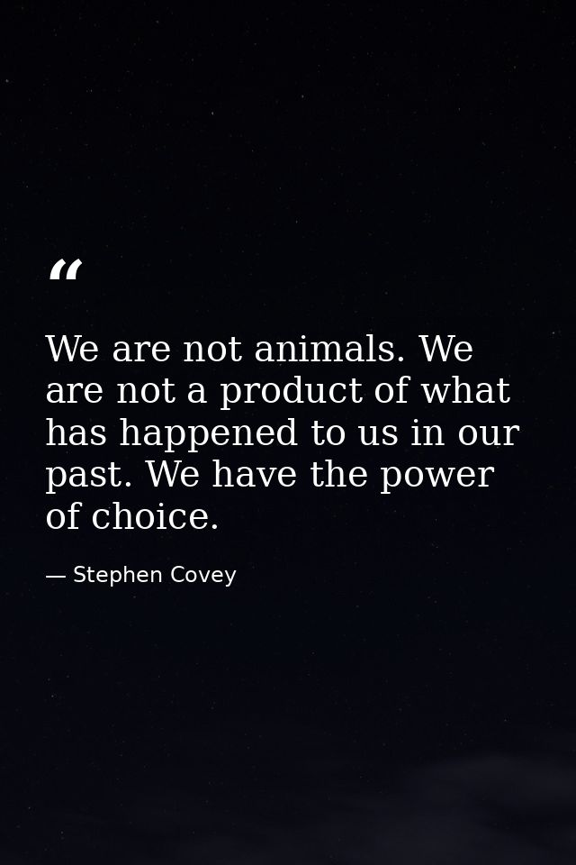 We are not animals. We are not a product of what has happened to us in our past. We have the power of choice. — Stephen Covey