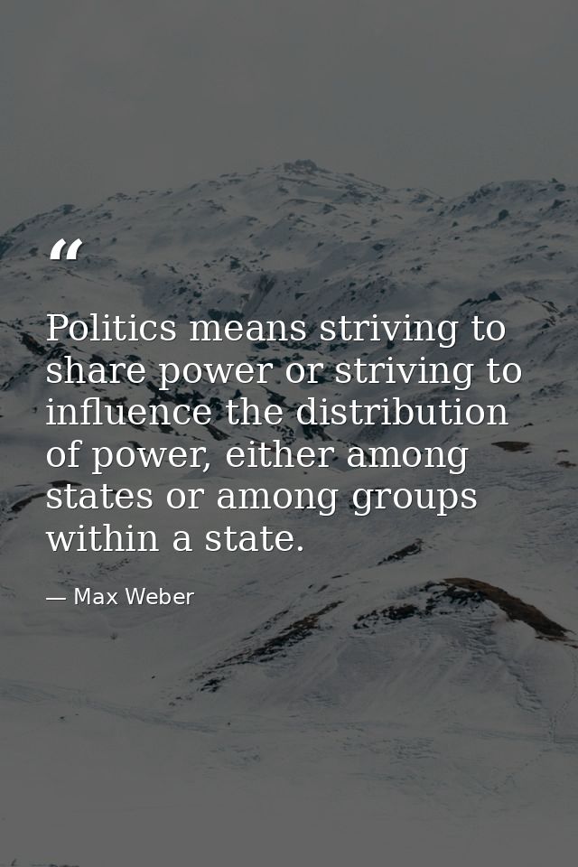 Politics means striving to share power or striving to influence the distribution of power, either among states or among  — Max Weber