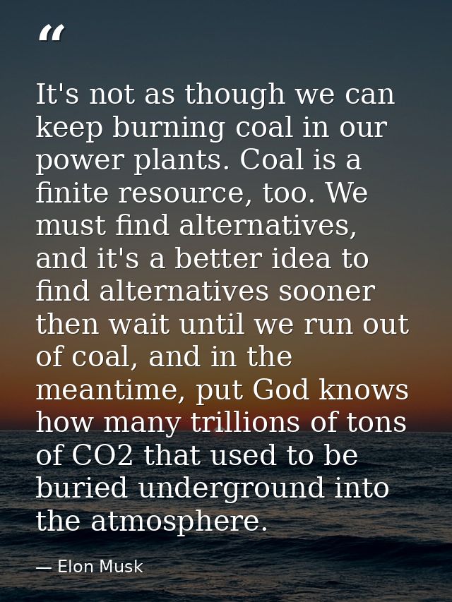 It's not as though we can keep burning coal in our power plants. Coal is a finite resource, too. We must find alternativ — Elon Musk