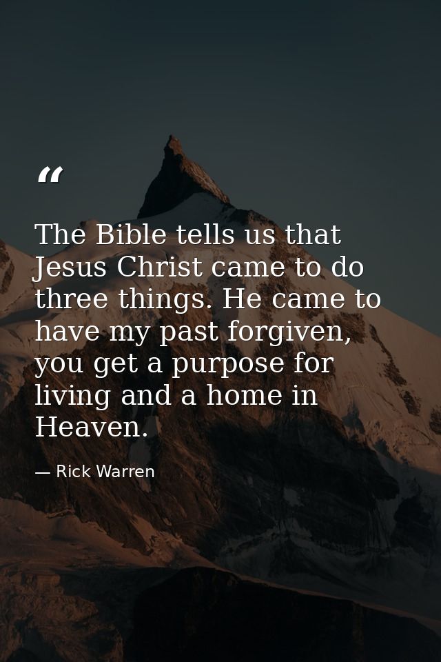 The Bible tells us that Jesus Christ came to do three things. He came to have my past forgiven, you get a purpose for li — Rick Warren