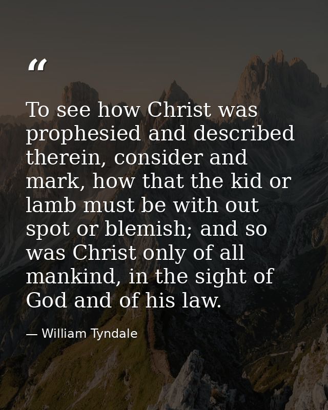 To see how Christ was prophesied and described therein, consider and mark, how that the kid or lamb must be with out spo — William Tyndale