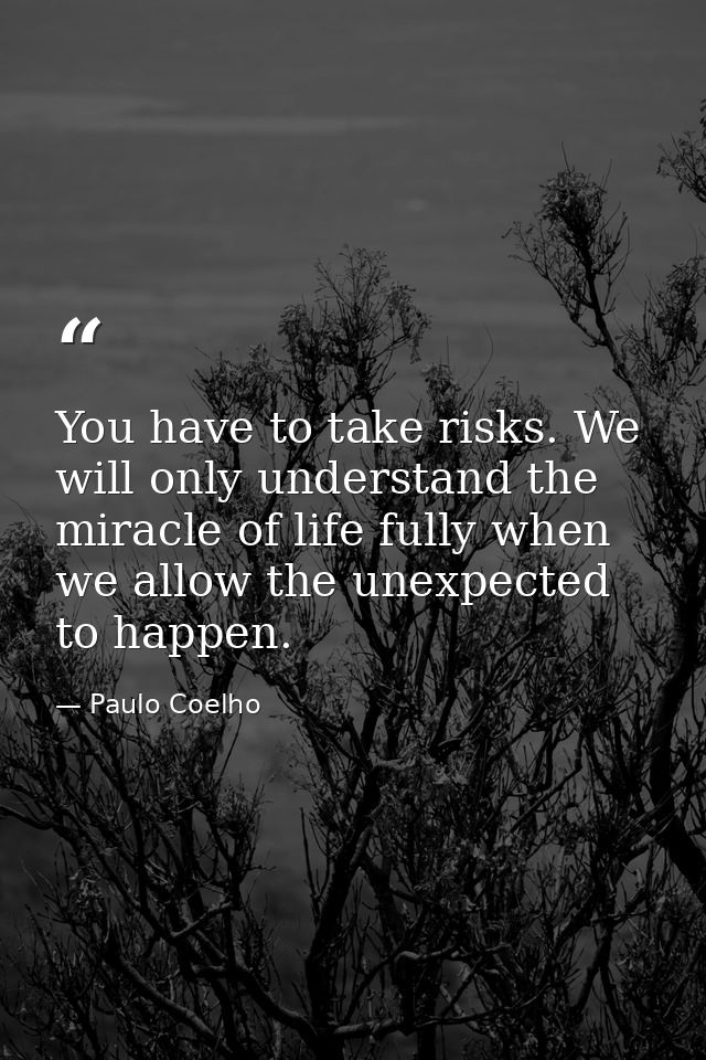 You have to take risks. We will only understand the miracle of life fully when we allow the unexpected to happen. — Paulo Coelho