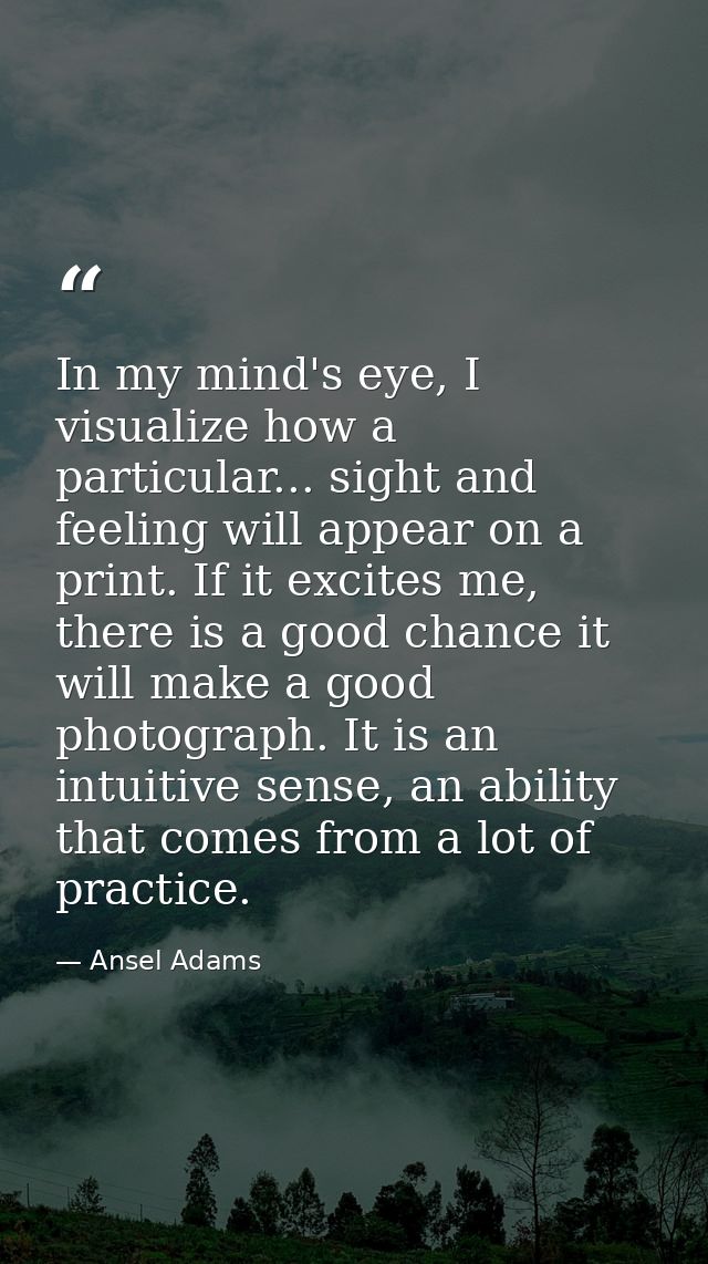 In my mind's eye, I visualize how a particular... sight and feeling will appear on a print. If it excites me, there is a — Ansel Adams