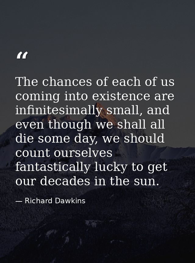 The chances of each of us coming into existence are infinitesimally small, and even though we shall all die some day, we — Richard Dawkins