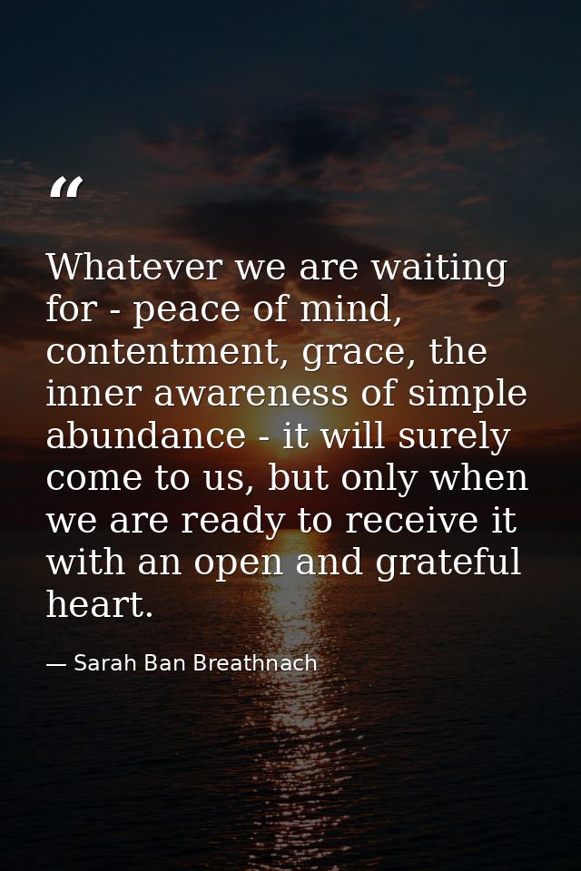 Whatever we are waiting for - peace of mind, contentment, grace, the inner awareness of simple abundance - it will surel — Sarah Ban Breathnach