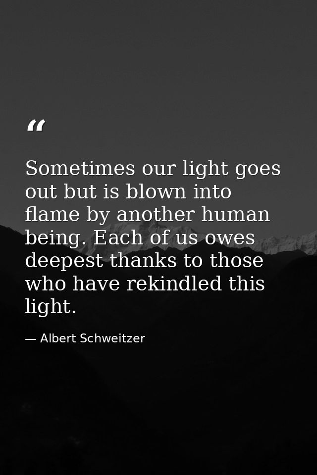 Sometimes our light goes out but is blown into flame by another human being. Each of us owes deepest thanks to those who — Albert Schweitzer