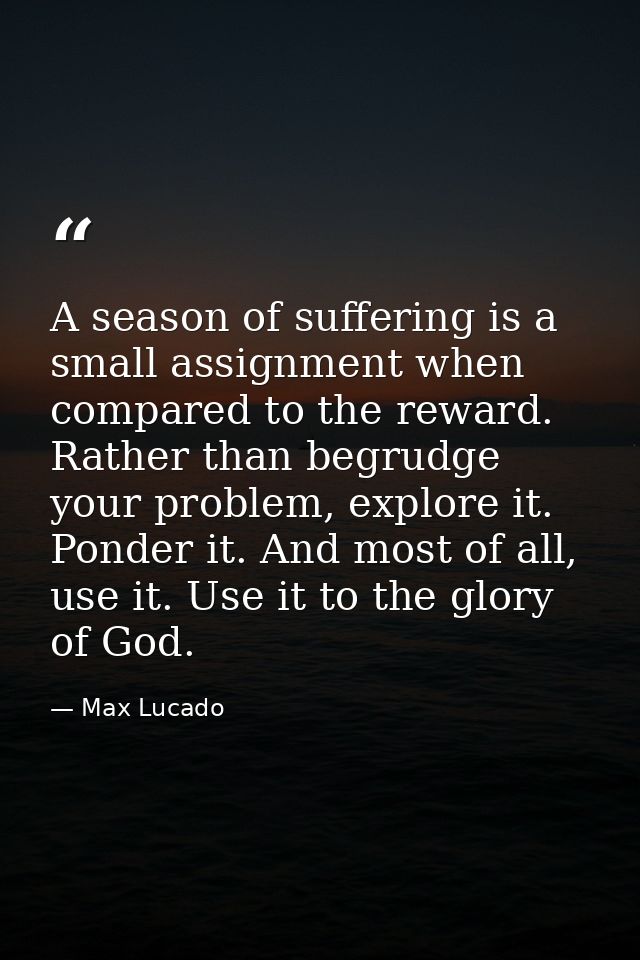 A season of suffering is a small assignment when compared to the reward. Rather than begrudge your problem, explore it.  — Max Lucado