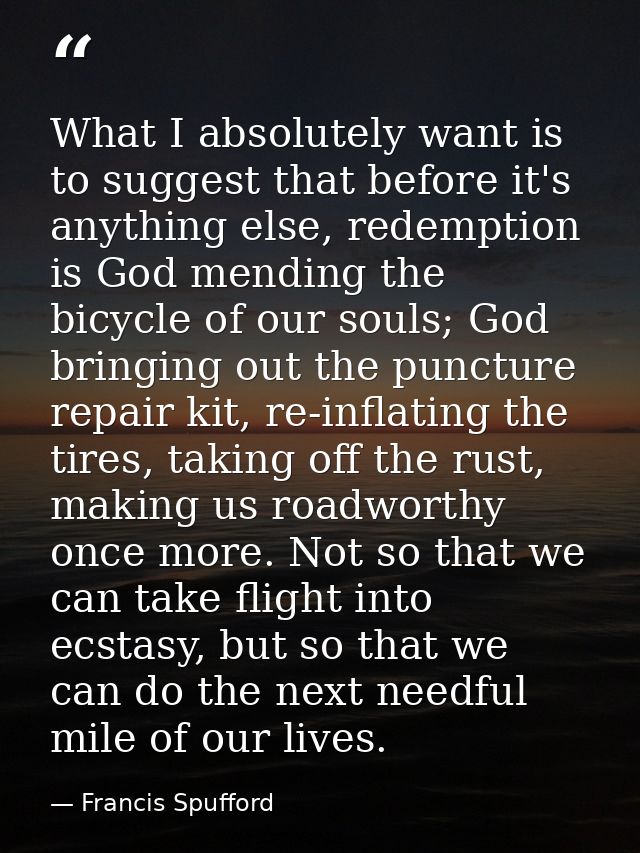 What I absolutely want is to suggest that before it's anything else, redemption is God mending the bicycle of our souls; — Francis Spufford