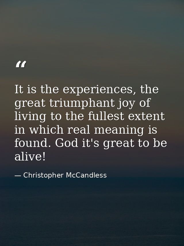 It is the experiences, the great triumphant joy of living to the fullest extent in which real meaning is found. God it's — Christopher McCandless