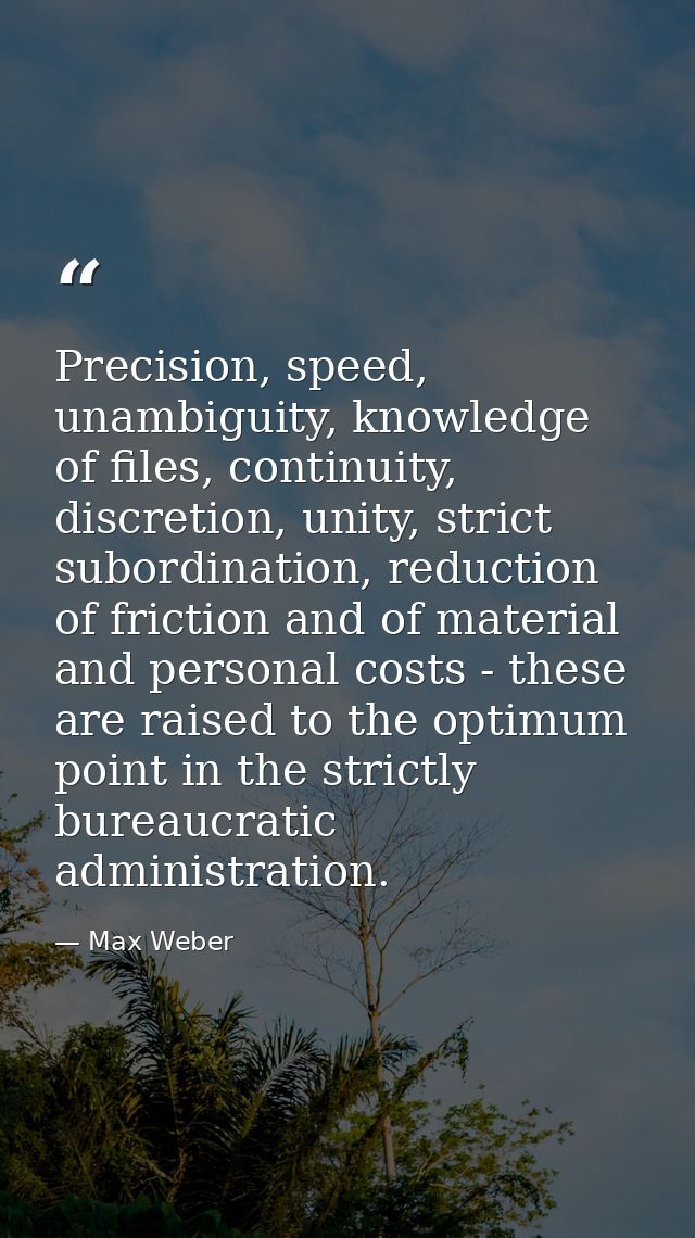 Precision, speed, unambiguity, knowledge of files, continuity, discretion, unity, strict subordination, reduction of fri — Max Weber
