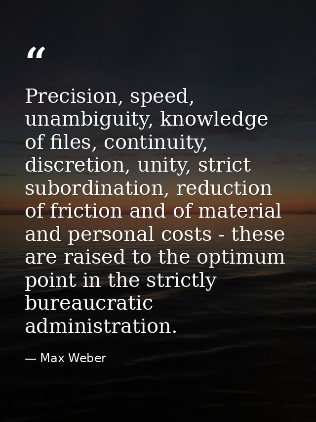Precision, speed, unambiguity, knowledge of files, continuity, discretion, unity, strict subordination, reduction of fri — Max Weber