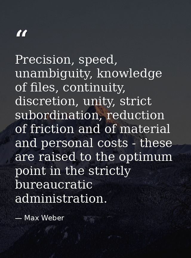 Precision, speed, unambiguity, knowledge of files, continuity, discretion, unity, strict subordination, reduction of fri — Max Weber