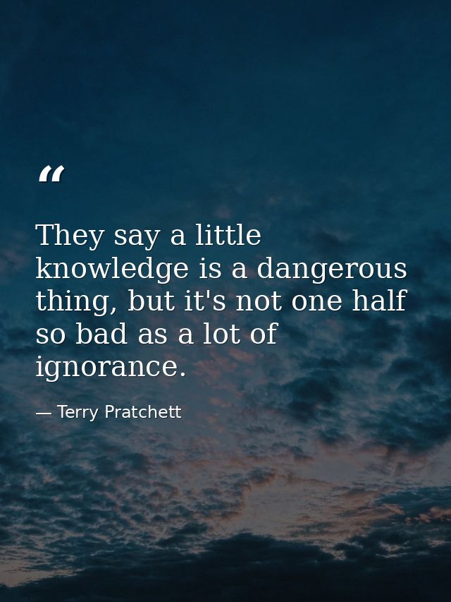 They say a little knowledge is a dangerous thing, but it's not one half so bad as a lot of ignorance. — Terry Pratchett
