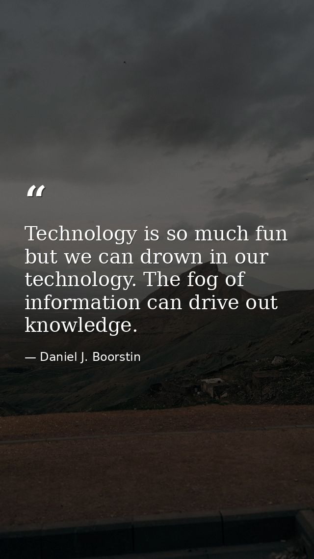 Technology is so much fun but we can drown in our technology. The fog of information can drive out knowledge. — Daniel J. Boorstin