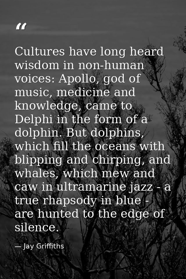 Cultures have long heard wisdom in non-human voices: Apollo, god of music, medicine and knowledge, came to Delphi in the — Jay Griffiths