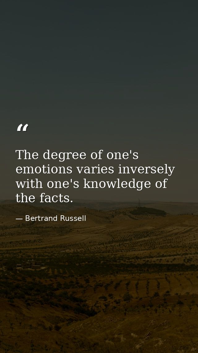 The degree of one's emotions varies inversely with one's knowledge of the facts. — Bertrand Russell